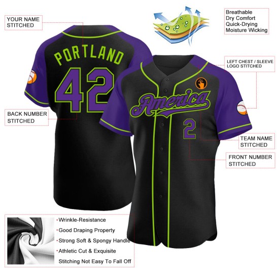 Jersey Authentic Raglan Lila-Neon Ärmel Grün Custom Baseball Schwarz Jersey Authentic Raglan Lila-Neon Ärmel Grün Custom Baseball Schwarz
