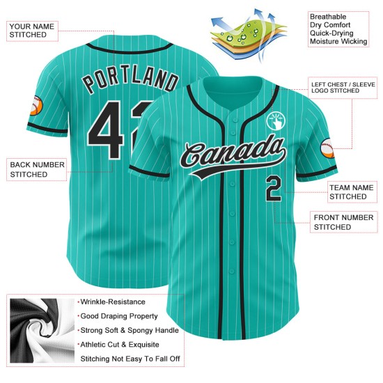 Weißes authentisches Jersey, schwarzer Nadelstreifen, Aqua, benutzerdefinierter Baseball Weißes authentisches Jersey, schwarzer Nadelstreifen, Aqua, benutzerdefinierter Baseball