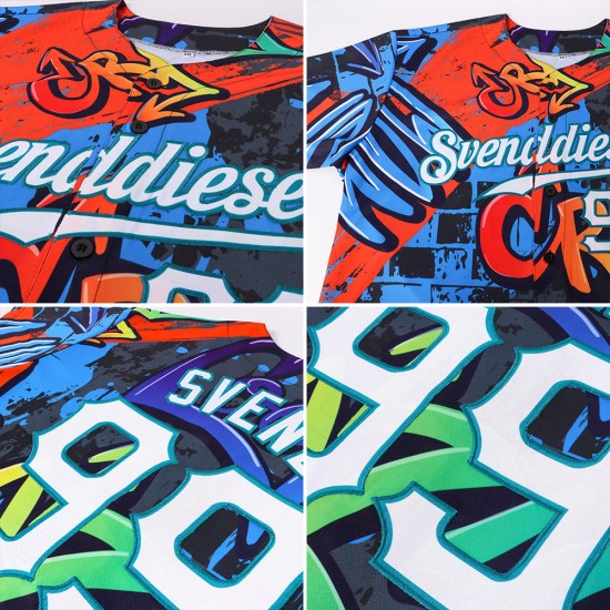 Graffiti Geometrische 3D Custom Weiß-Blaugrün Muster Authentische Baseball Jersey Graffiti Geometrische 3D Custom Weiß-Blaugrün Muster Authentische Baseball Jersey