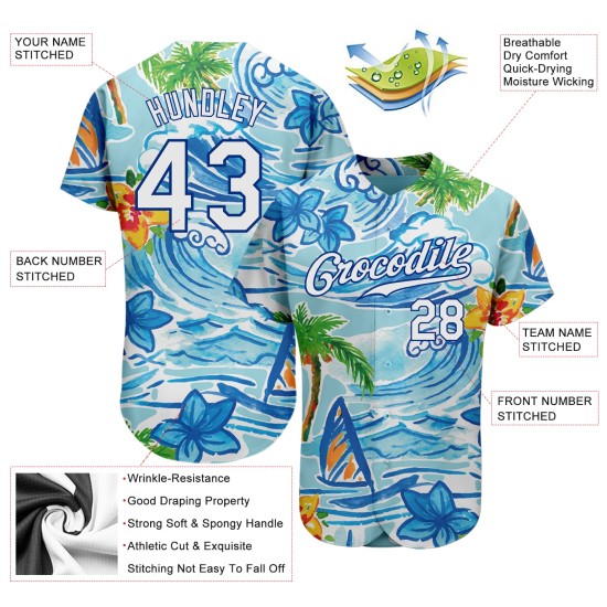 Weiß und Strand Bäume authentische königliche Muster Blumen benutzerdefinierte 3D Baseball Design Jersey Hawaii Palm Weiß und Strand Bäume authentische königliche Muster Blumen benutzerdefinierte 3D Baseball Design Jersey Hawaii Palm