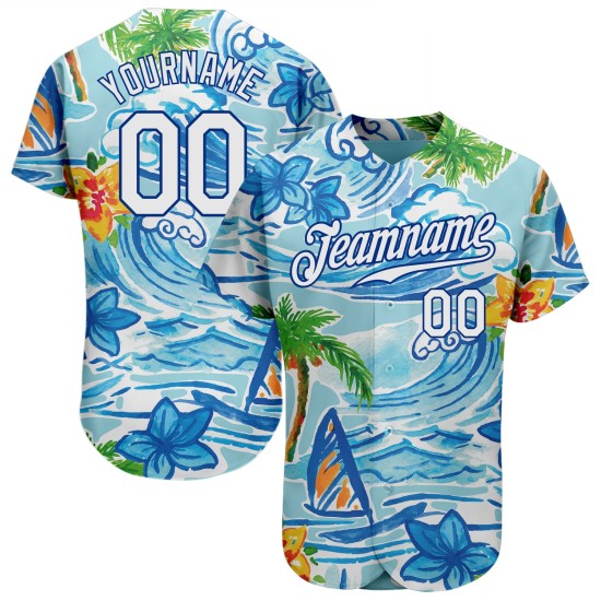 Weiß und Strand Bäume authentische königliche Muster Blumen benutzerdefinierte 3D Baseball Design Jersey Hawaii Palm Weiß und Strand Bäume authentische königliche Muster Blumen benutzerdefinierte 3D Baseball Design Jersey Hawaii Palm
