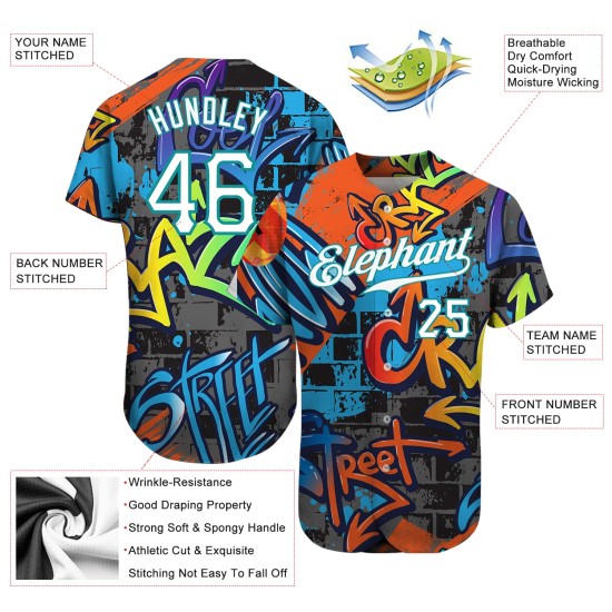 Graffiti Geometrische 3D Custom Weiß-Blaugrün Muster Authentische Baseball Jersey Graffiti Geometrische 3D Custom Weiß-Blaugrün Muster Authentische Baseball Jersey