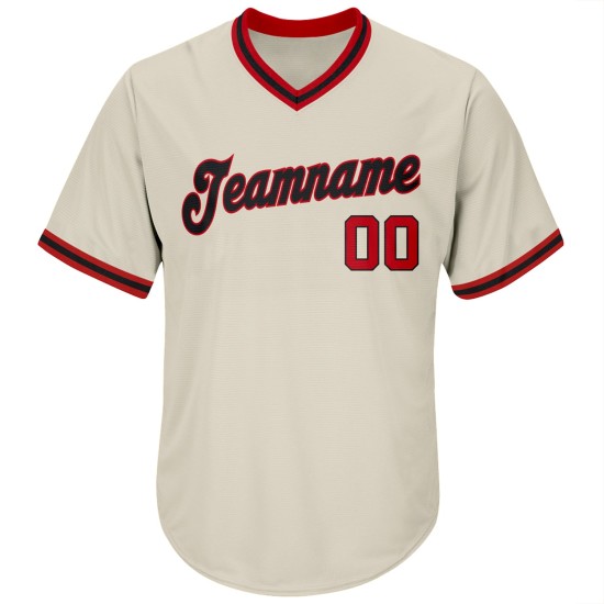 Baseball Custom Rib-Strick Authentic Creme Shirt Jersey Throwback Rot-Schwarz Baseball Custom Rib-Strick Authentic Creme Shirt Jersey Throwback Rot-Schwarz