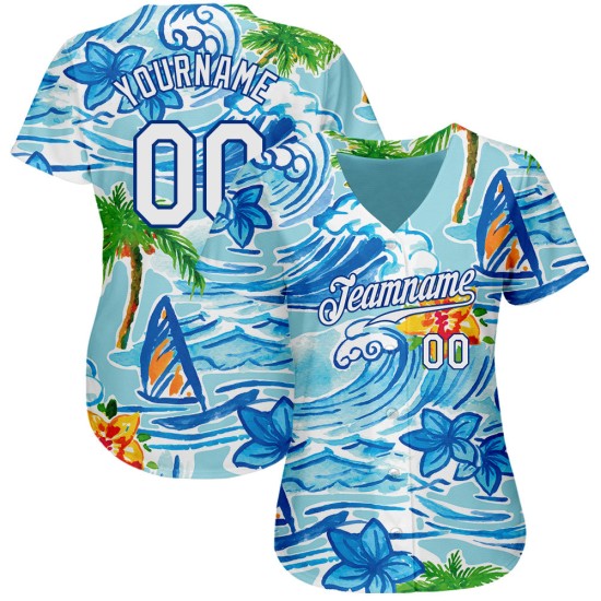 Weiß und Strand Bäume authentische königliche Muster Blumen benutzerdefinierte 3D Baseball Design Jersey Hawaii Palm Weiß und Strand Bäume authentische königliche Muster Blumen benutzerdefinierte 3D Baseball Design Jersey Hawaii Palm