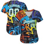 Graffiti Geometrische 3D Custom Weiß-Blaugrün Muster Authentische Baseball Jersey Graffiti Geometrische 3D Custom Weiß-Blaugrün Muster Authentische Baseball Jersey
