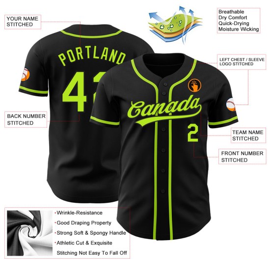 Authentisches schwarzes Baseball-Trikot, individuell gestaltet, Neongrün Authentisches schwarzes Baseball-Trikot, individuell gestaltet, Neongrün