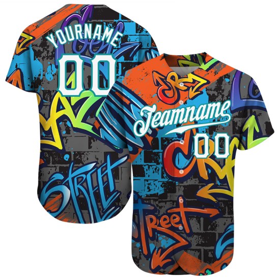Graffiti Geometrische 3D Custom Weiß-Blaugrün Muster Authentische Baseball Jersey Graffiti Geometrische 3D Custom Weiß-Blaugrün Muster Authentische Baseball Jersey